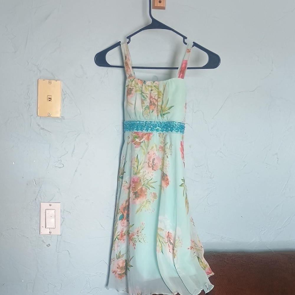 Floral Kids Dress with Blue Accents